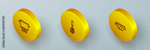 Set Isometric line Cooking pot on fire, Kitchen whisk and colander icon. Vector