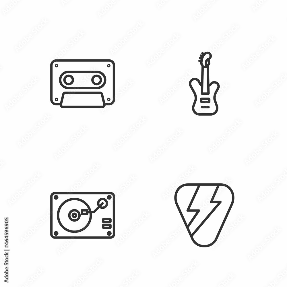 Set line Guitar pick, Vinyl player with vinyl disk, Retro audio cassette tape and Electric bass guitar icon. Vector Set line Guitar pick, Vinyl player with vinyl disk, Retro audio cassette tape and Electric bass guitar icon. Vector