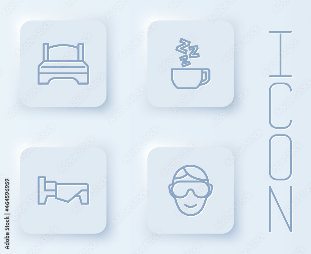 Set line Big bed, Chamomile tea, Bed and Eye sleep mask. White square button. Vector Set line Big bed, Chamomile tea, Bed and Eye sleep mask. White square button. Vector