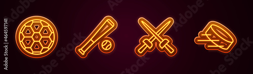 Set line Soccer football ball, Baseball bat with, Fencing and Hockey puck. Glowing neon icon. Vector