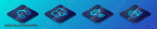 Set Isometric line Award cup, Headphones, Question and Answer and Online book icon. Vector