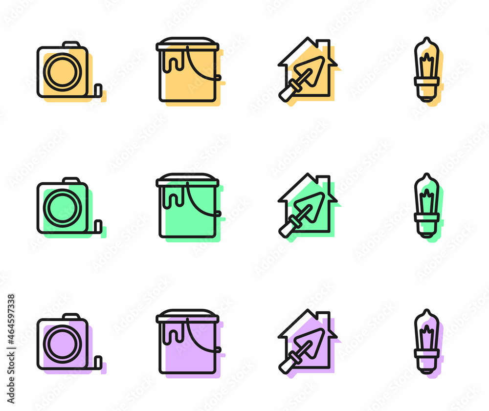 Set line House with trowel, Roulette construction, Paint bucket and Light bulb icon. Vector