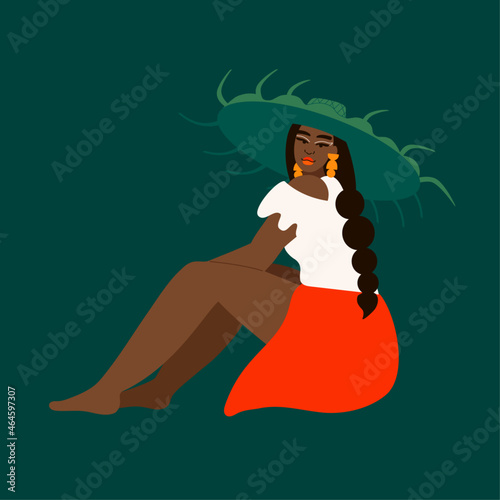 Illustration of island woman wearing palm frond hat sitting relaxing