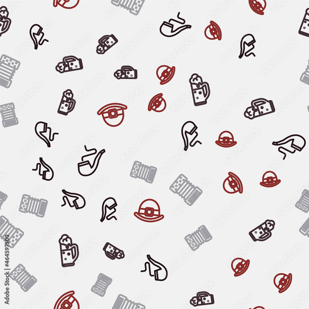 Set line Smoking pipe, Glass of beer, Accordion and Leprechaun hat on seamless pattern. Vector Set line Smoking pipe, Glass of beer, Accordion and Leprechaun hat on seamless pattern. Vector
