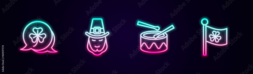 Set line Clover trefoil leaf, Leprechaun, Drum with drum sticks and Ireland flag clover. Glowing neon icon. Vector Set line Clover trefoil leaf, Leprechaun, Drum with drum sticks and Ireland flag clover. Glowing neon icon. Vector