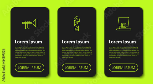 Set line Trumpet, Glass of beer and Leprechaun hat. Business infographic template. Vector