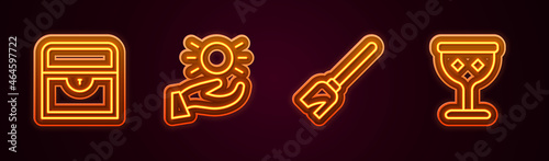 Set line Antique treasure chest, Ball levitating above hand, Witches broom and Medieval goblet. Glowing neon icon. Vector