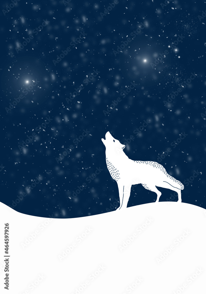 Howling Wolf in a winter landscape with snowfall. Winter illustration. Howling Wolf in a winter landscape with snowfall. Winter illustration.