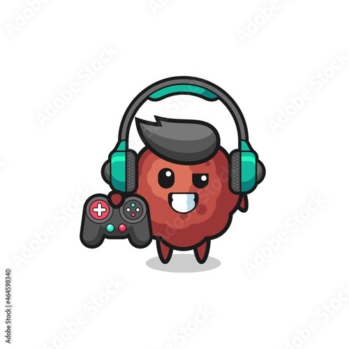 meatball gamer mascot holding a game controller
