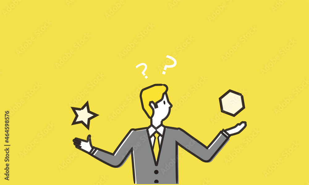 トレードオフのイラストイメージ 悩むビジネスマン 黄色バック ベクター Stock Vector Adobe Stock