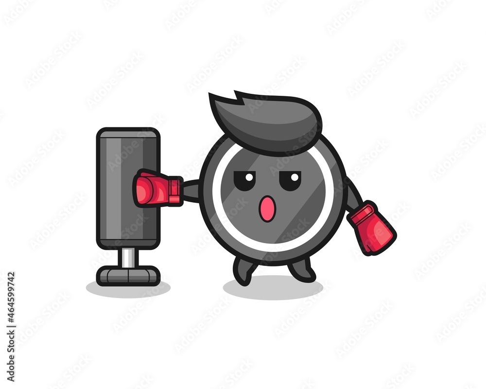 hockey puck boxer cartoon doing training with punching bag hockey puck boxer cartoon doing training with punching bag