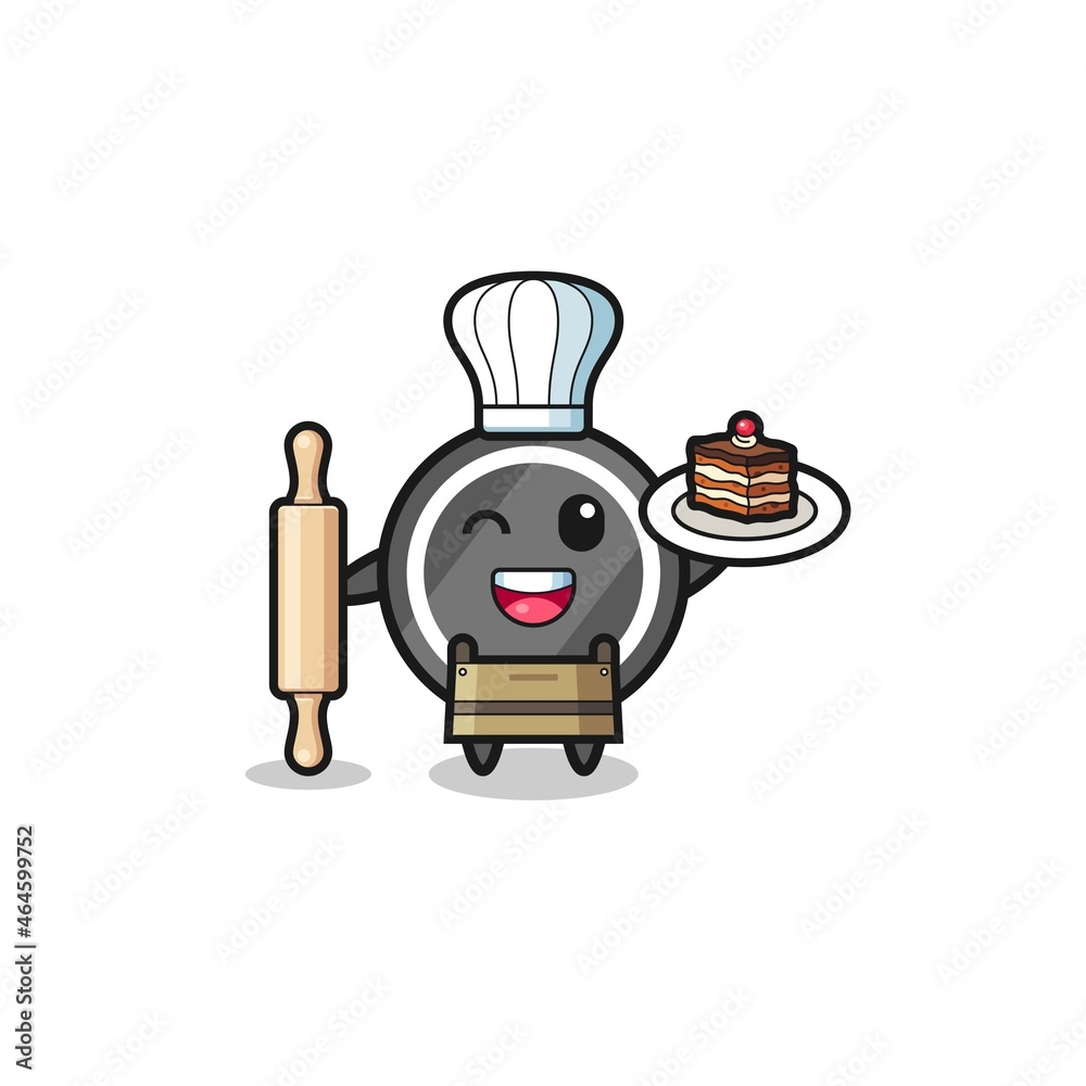 hockey puck as pastry chef mascot hold rolling pin