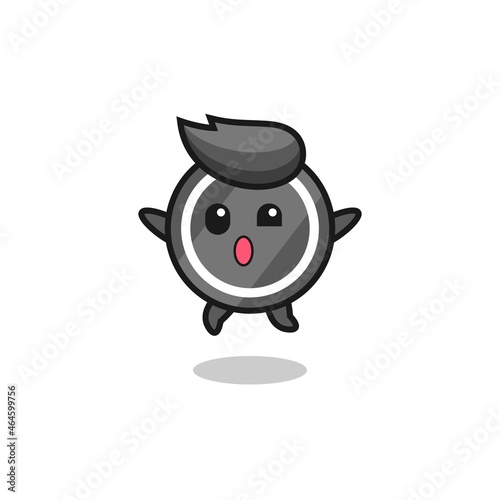 hockey puck character is jumping gesture