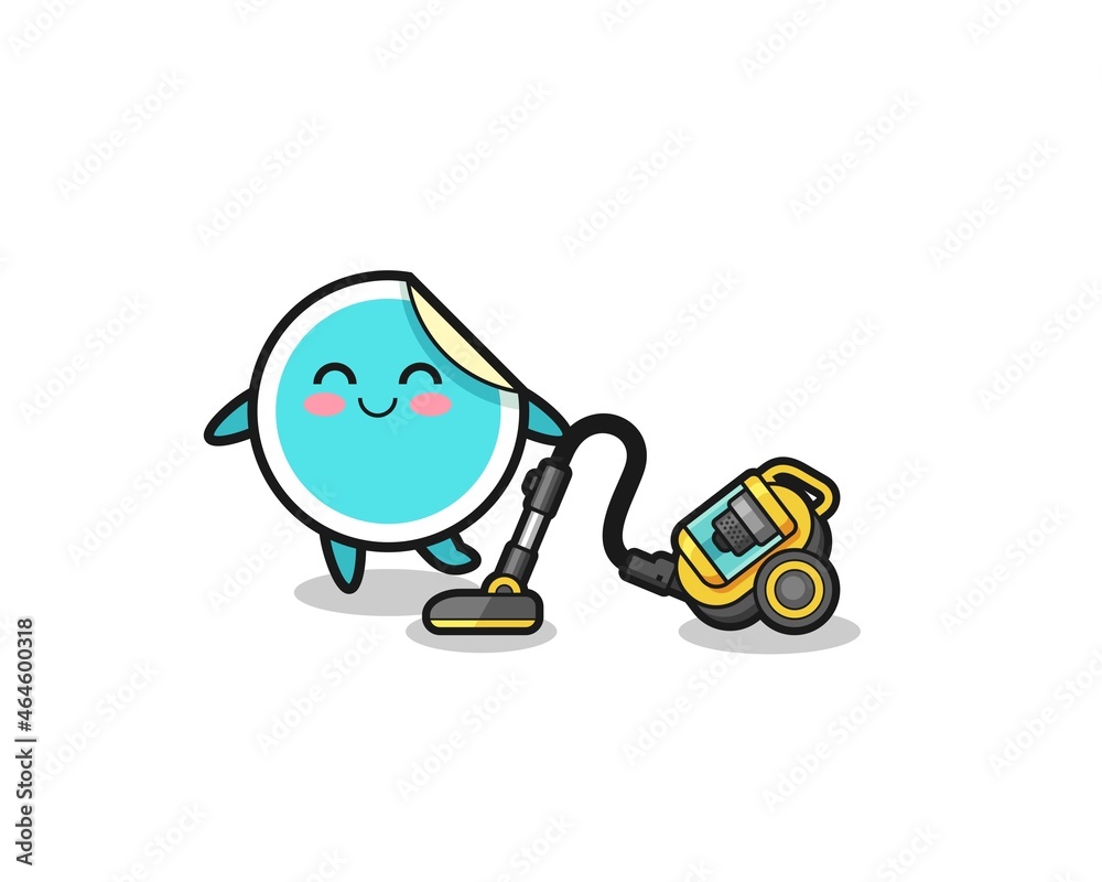 Naklejka premium cute sticker holding vacuum cleaner illustration