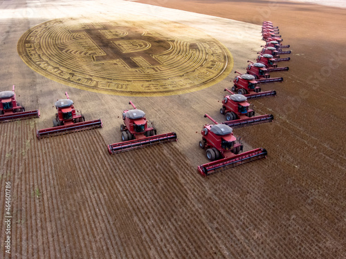 Mass soybean harvesting at a farm in Mato Grosso state,Brazil. Concept bitcoin wirh agribusiness. and commodities.