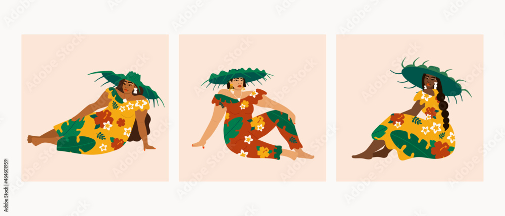 Illustration set of island women wearing floral dresses relaxing