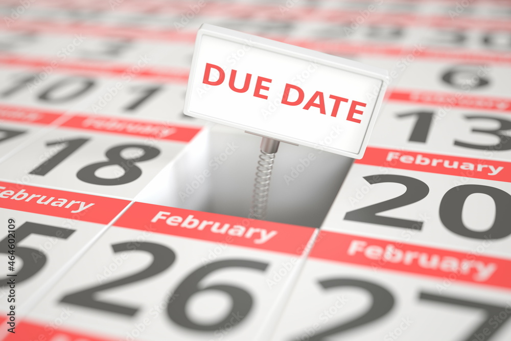DUE DATE sign on February 19 in a calendar, 3d rendering DUE DATE sign on February 19 in a calendar, 3d rendering
