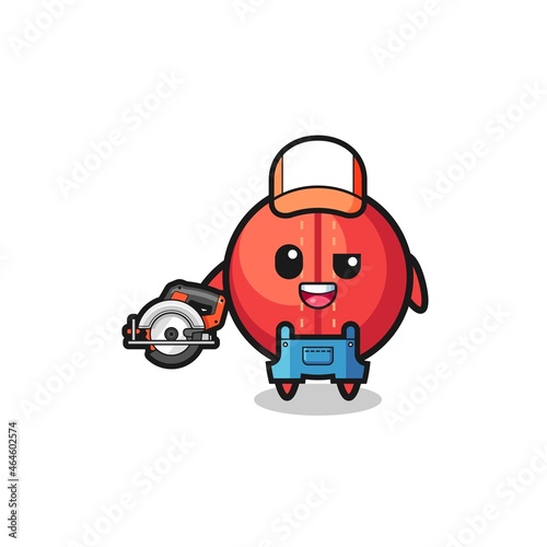 the woodworker cricket ball mascot holding a circular saw