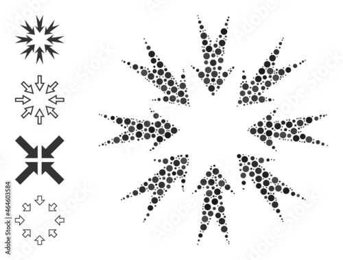 Round dot mosaic pressure arrows. Vector mosaic is based on pressure arrows icon, and constructed with scattered circle elements. Vector icon of pressure arrows composed of randomized circle items.