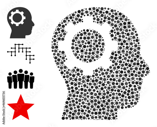 Circle composition intellect gear. Vector collage is based on intellect gear symbol, and designed with scattered spheric elements. Vector icon of intellect gear composed of scattered circle elements.
