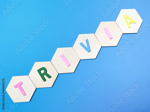 Word trivia made of wooden alphabet against blue background.