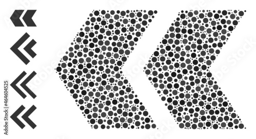 Circle combination shift left. Vector mosaic is based on shift left icon, and designed of randomized circle parts. Vector icon of shift left designed of random round points.