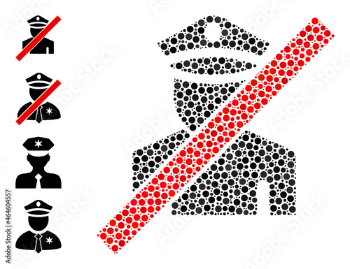 Circle mosaic wrong policeman. Vector collage is based on wrong policeman icon, and created of scattered round items. Vector icon of wrong policeman composed of scattered spheric points.