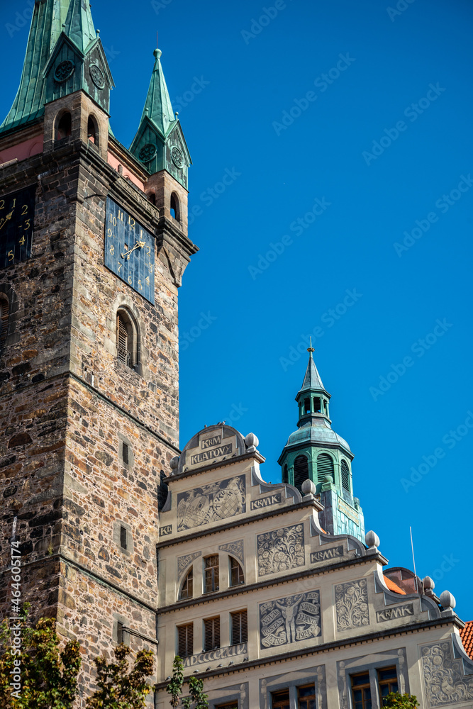 Naklejka premium The historical black tower in Klatovy next to the city administration