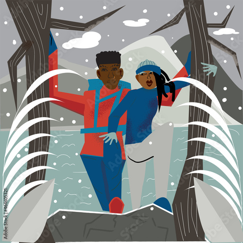 Illustration of gay couple hiking up snowy mountain