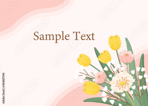 Background design with bouquet of spring flowers. Yellow tulips, pink and white flowers on pastel pink background.