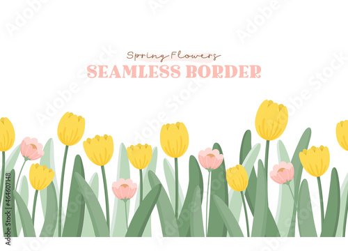 Seamless border design with yellow tulips and pink flowers.