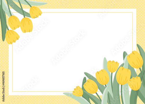 Floral background design with yellow tulips. Decorative frame. Flat style vector illustration.