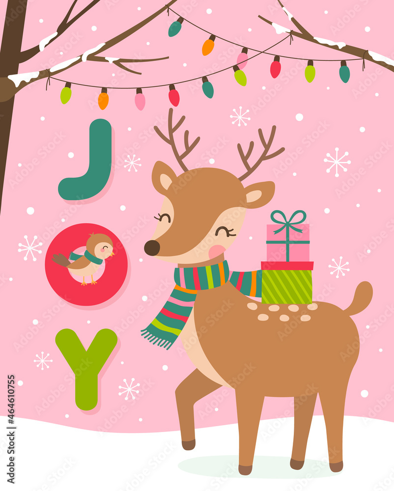 Naklejka premium Cute reindeer and bird cartoon illustration for christmas and new year card template. 