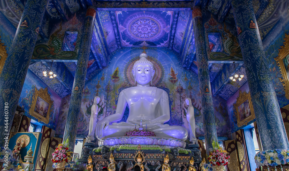 Chiang Rai, Thailand - Sep 05, 2020 : Beautiful Sculpture of white giant Buddha image inside the Buddhist church at Wat Rong Suea Ten Temple, also known as the Blue Temple, locate at Chiang Rai provin