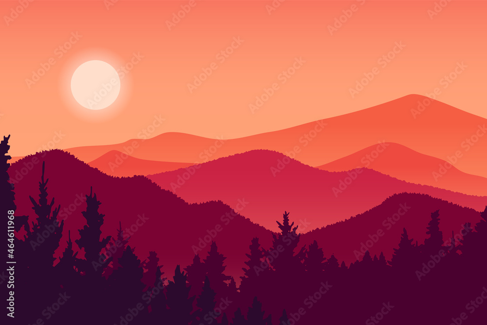 Mountain landscape and forest vector illustration, red silhouette hill environment at sunset