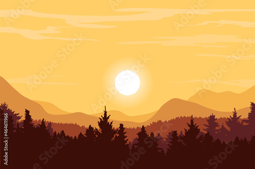 sunset landscape in nature with mountains and forest  silhouette of trees and hills at dusk vector illustration