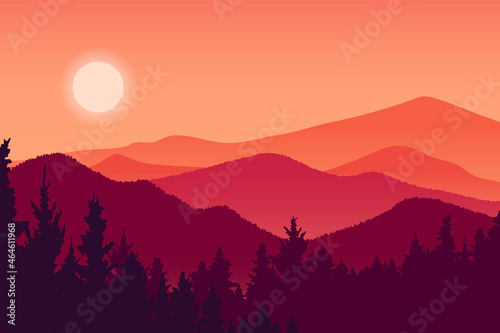 Mountain landscape and forest vector illustration, red silhouette hill environment at sunset