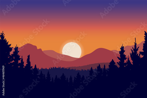natural scenery at sunset in mountains and forest  twilight color gradation in beautiful sky