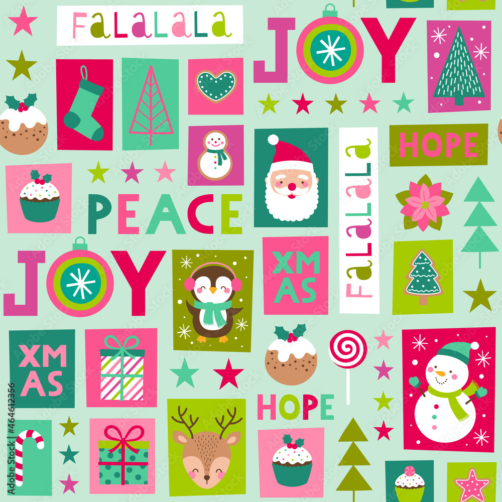 Cute cartoon character and christmas elements pattern.