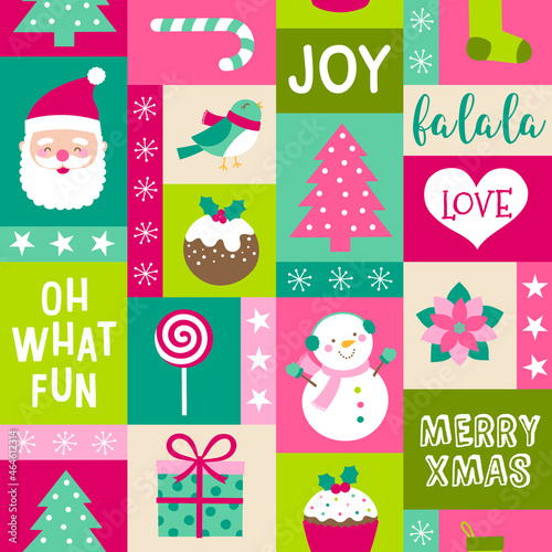 Cute cartoon character and christmas elements grid pattern design.