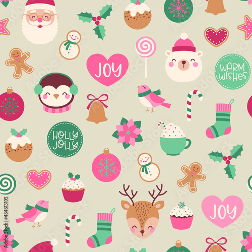 Cute character and christmas elements seamless pattern.