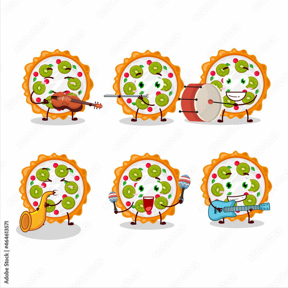 Cartoon character of fruit tart playing some musical instruments