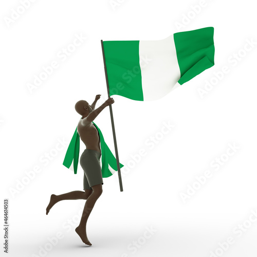 3D rendering of man holding Nigerian Flag excited and jubilating photo