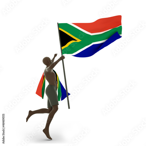 3D rendering of man holding South African Flag excited and jubilating photo