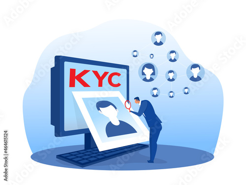 KYC or know your customer with business verifying the identity of its clients concept at the partners-to-be through a magnifying glass vector illustrator