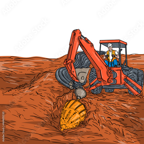 Drawing sketch style illustration of a mechanical digger laying a drill bit for directional boring with attached empty service conduits underground pipeline and cables with copy space on white. 
