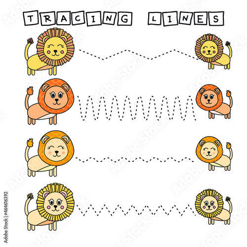 Trace line worksheet with lions for kids, practicing fine motor skills.  Educational game for preschool children.  photo