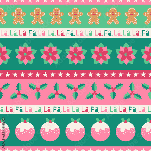 Cute christmas elements seamless pattern with striped background.