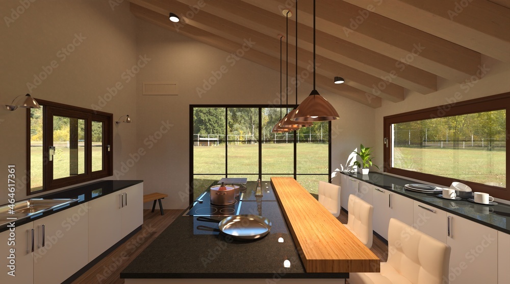 Kitchen in a country house 3d illustration