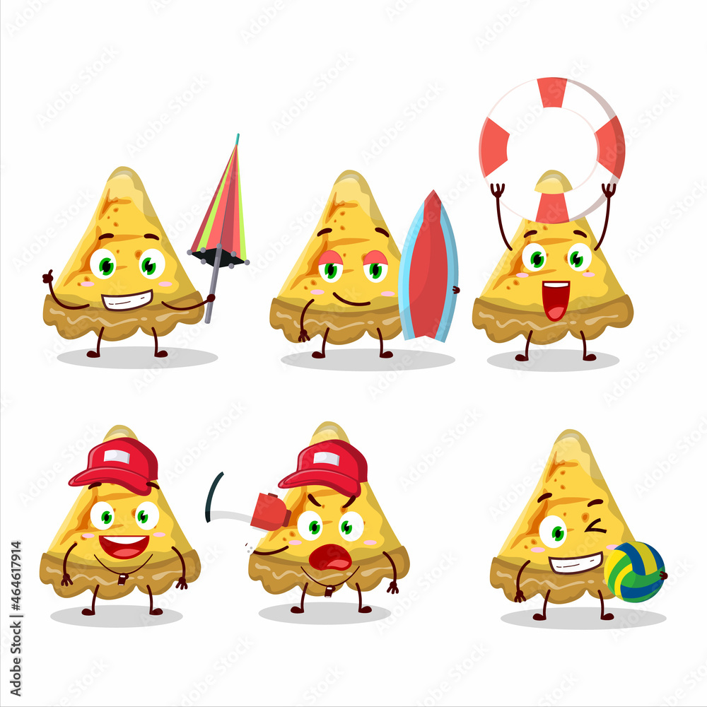 Happy Face slice of custard tart cartoon character playing on a beach Happy Face slice of custard tart cartoon character playing on a beach